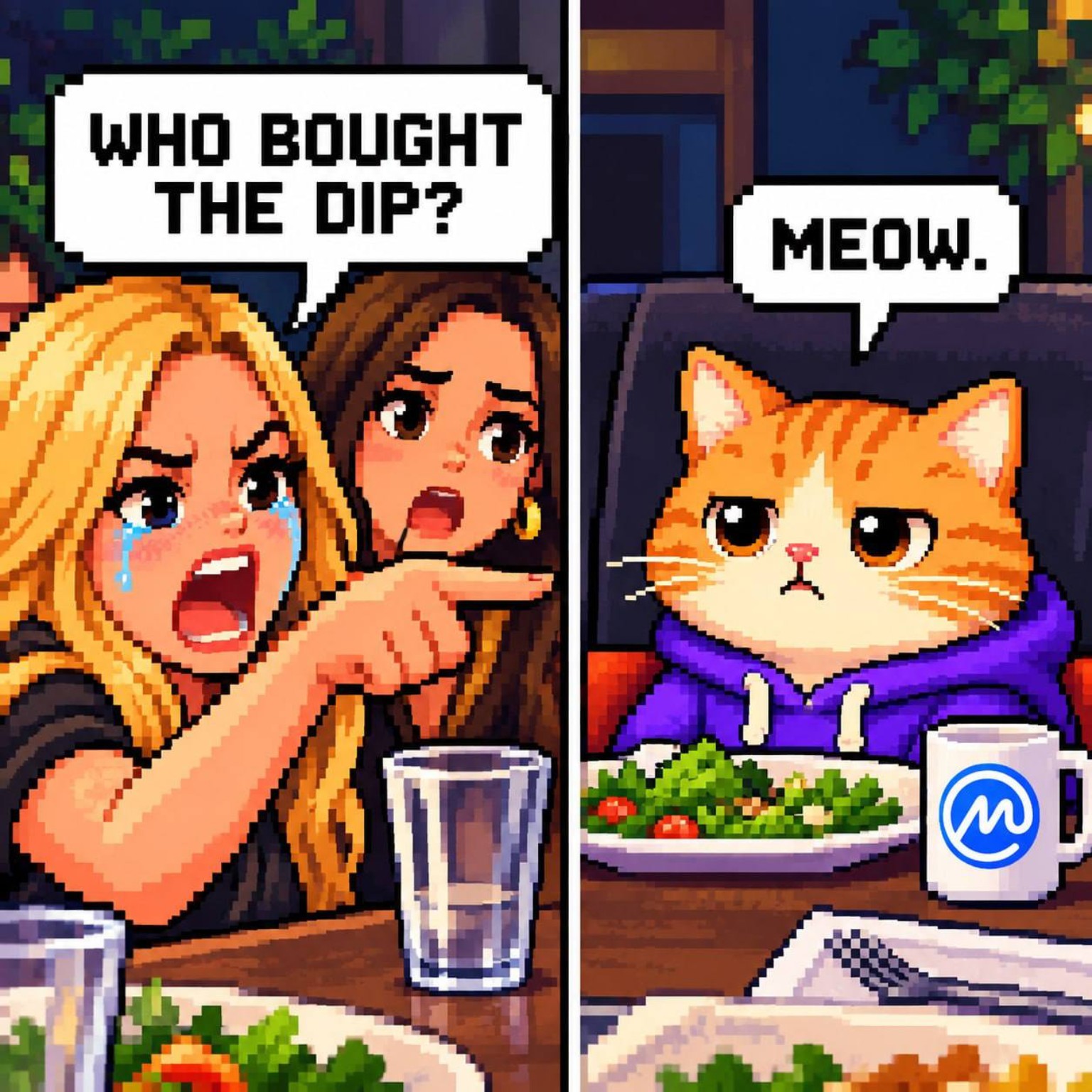 Comic panel of CoinMarketCat buying the dip