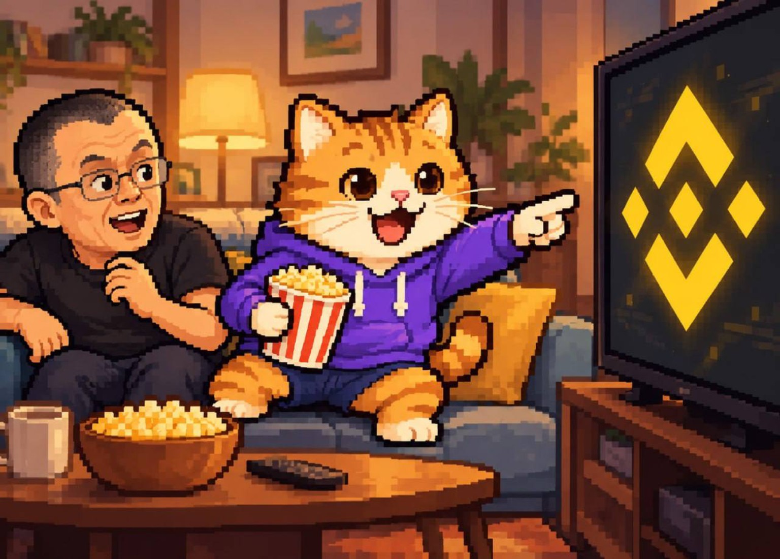 CoinMarketCat watching BNB on television