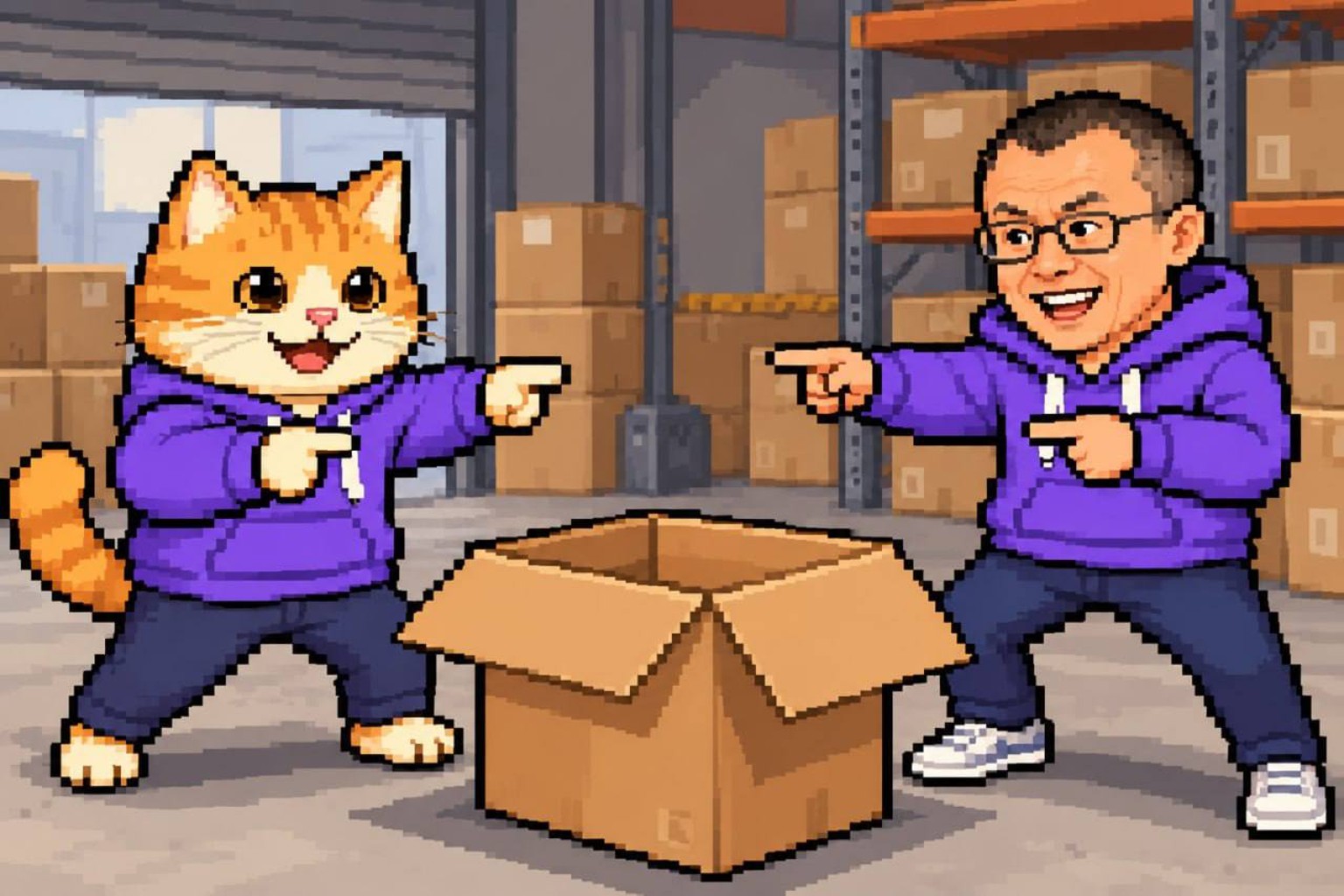 CoinMarketCat with a friend and a cardboard box