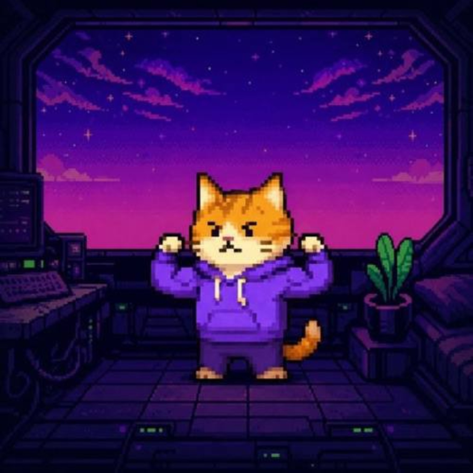 CoinMarketCat in a purple hoodie aboard a spaceship