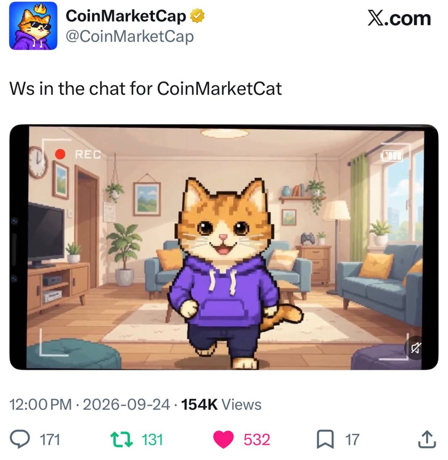 CoinMarketCap post showing CoinMarketCat in a living room