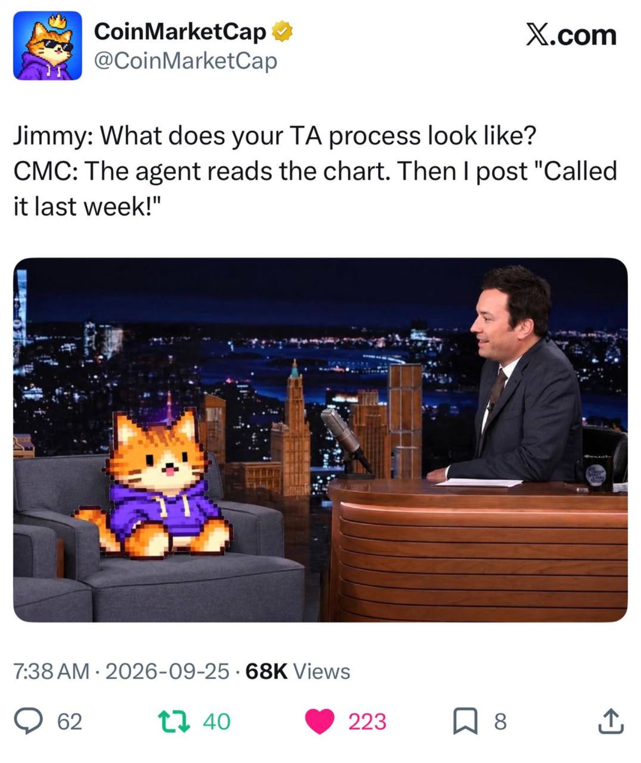 CoinMarketCap post featuring CoinMarketCat on a talk show